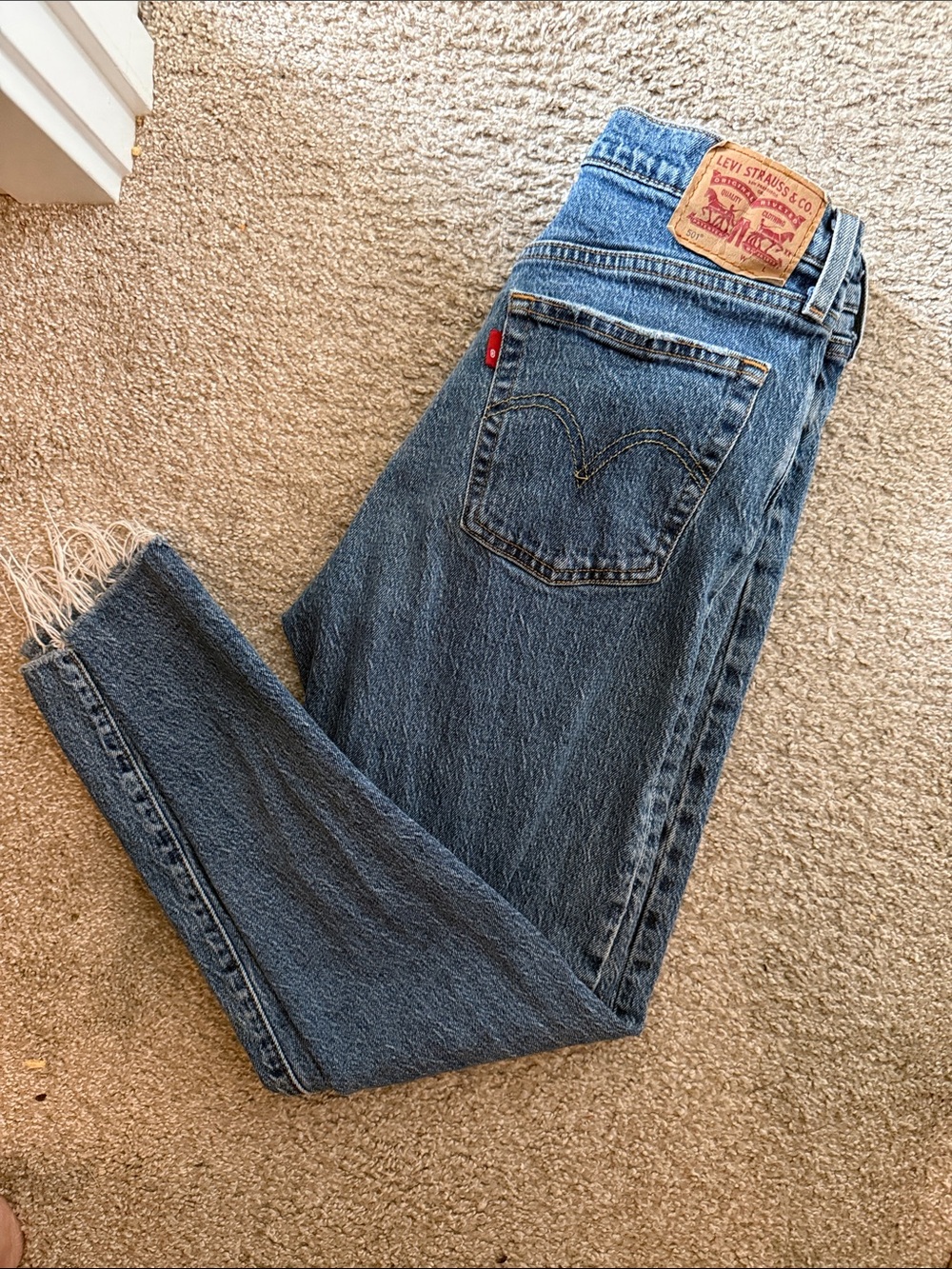 Levi's High-Rise Straight Distressed Jeans in Blue Denim